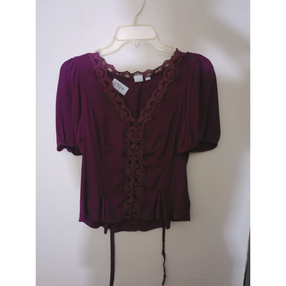 Gap Blouse Women Small Purple Lace Trim V-Neck Tie Back Romantic Whimsigoth Top
